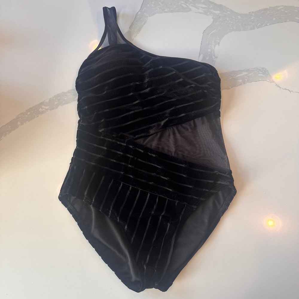 Kenneth Cole New York One Shoulder Velvet Stripe Mesh One Piece Swimsuit Black
